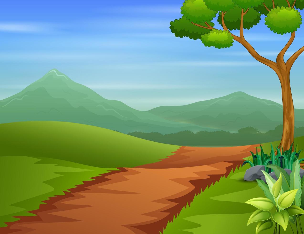 A pathway going through green outfield with tree and hills vector