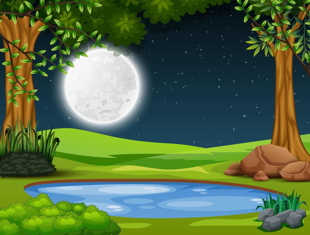 Small pond in the middle of the forest at night landscape vector