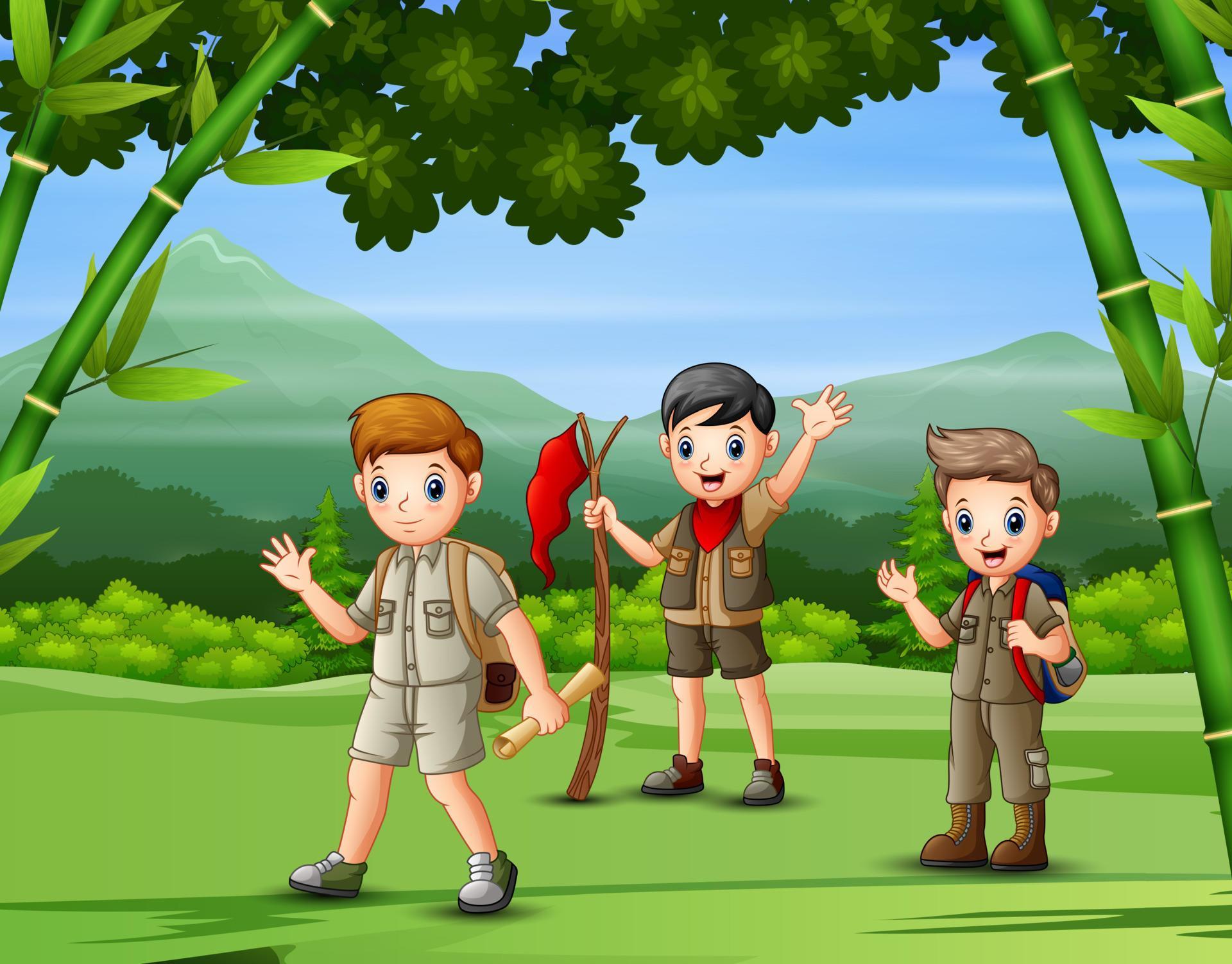 A group of scouts hiking in the forest 5949139 Vector Art at Vecteezy