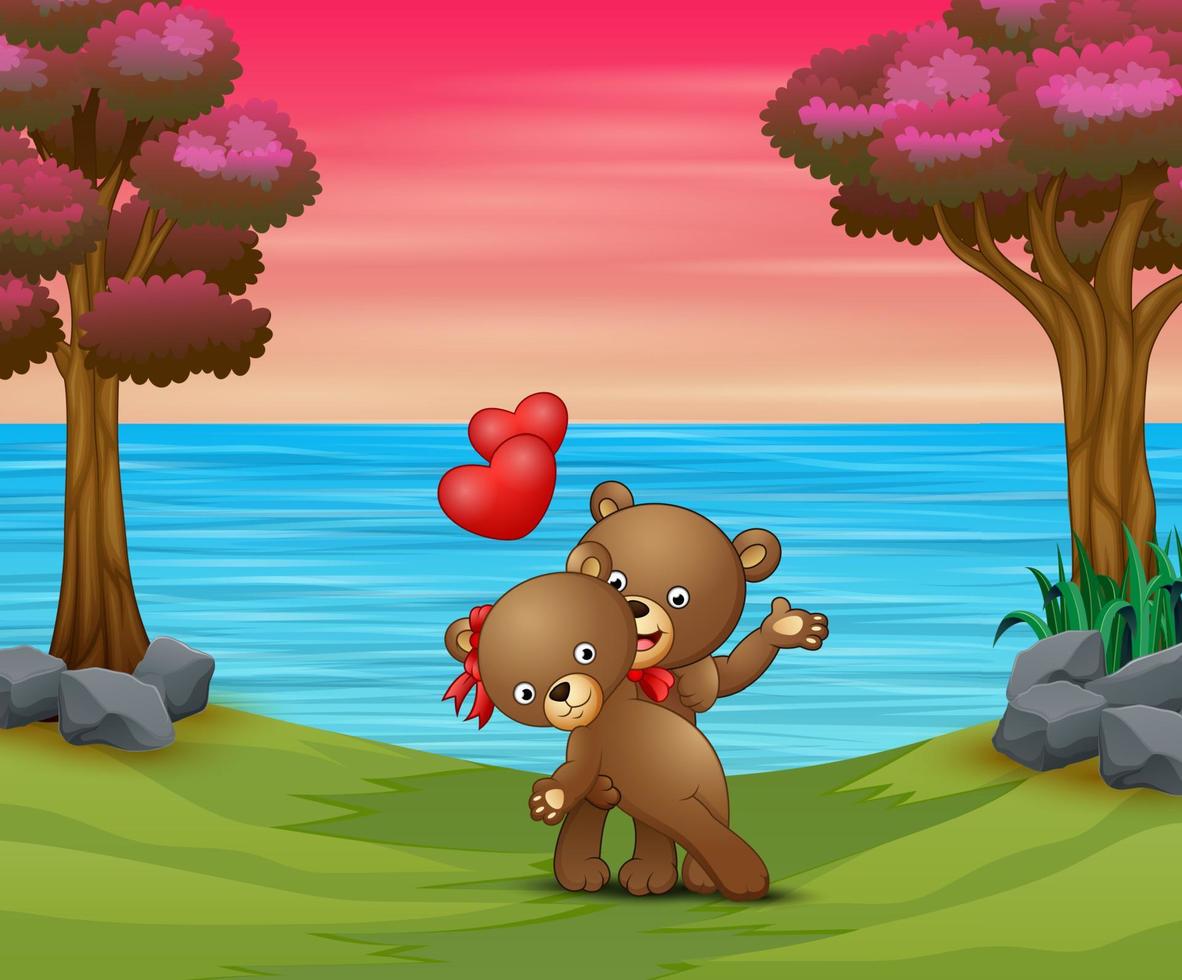 A couple teddy bear in the nature background vector