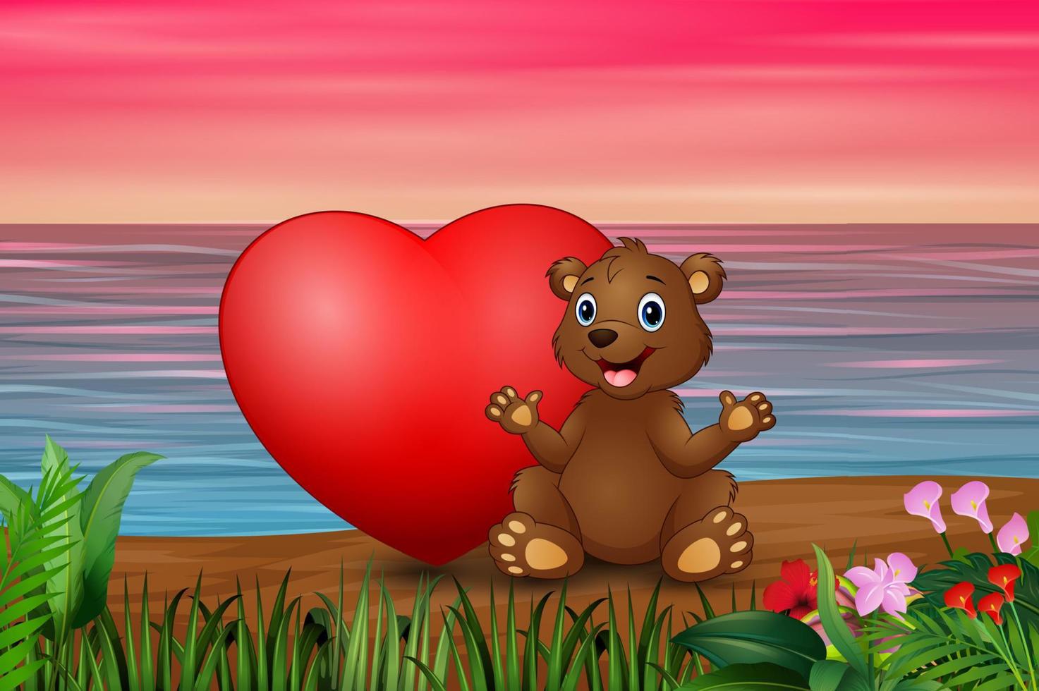Funny baby bear sitting with red heart in the beach vector