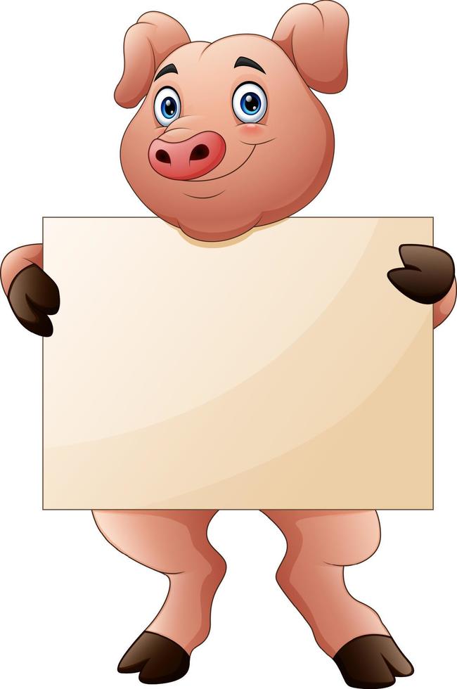 Cartoon pig holding blank sign with both hands vector