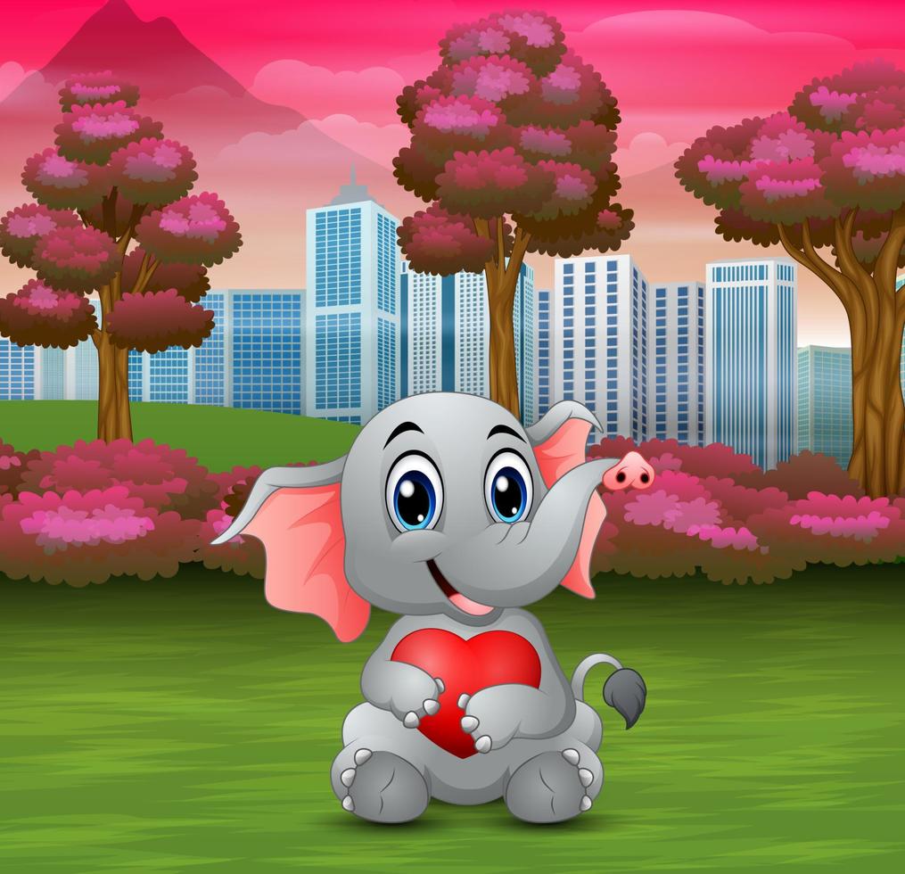 elefante bebé sosteniendo un corazón rojo vector