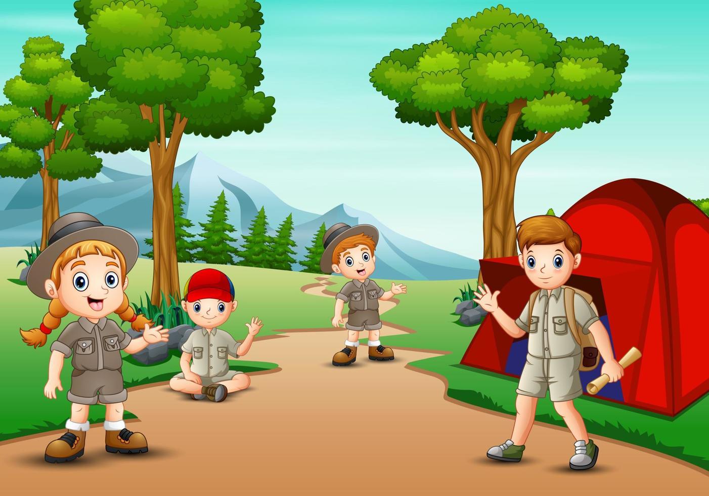Boy and girl scout camping in nature vector