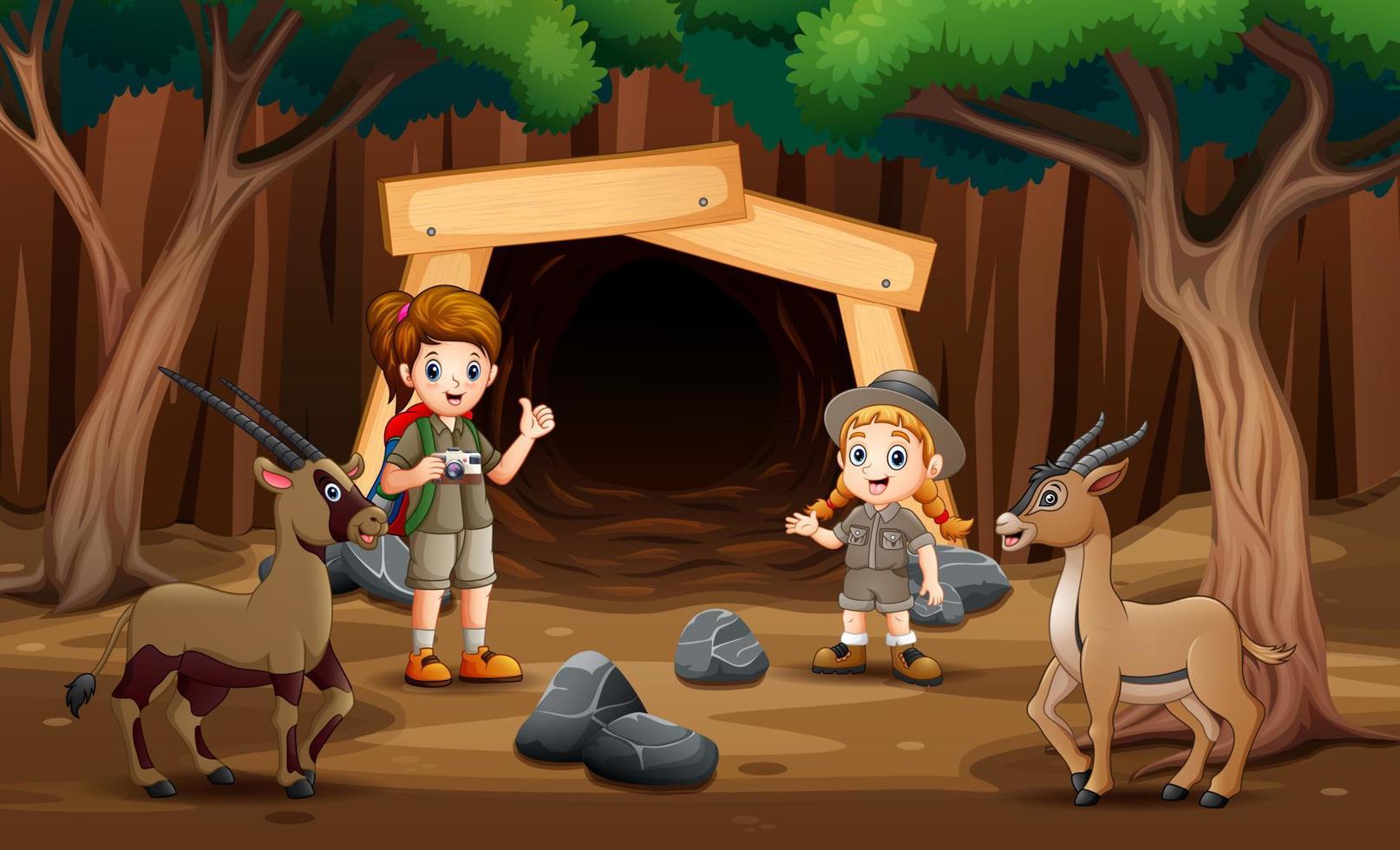 Scouts girls exploring the mine illustration vector