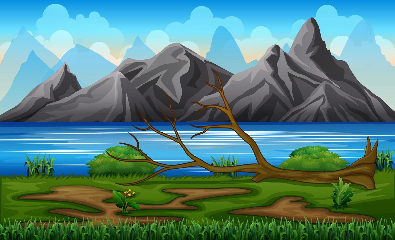 árbol caído en una ilustración de la orilla del río vector