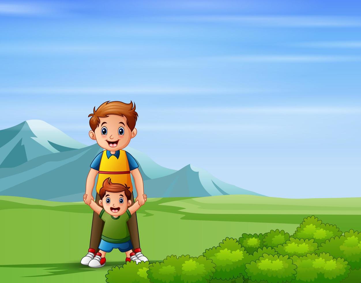 Father with his son playing in green field vector