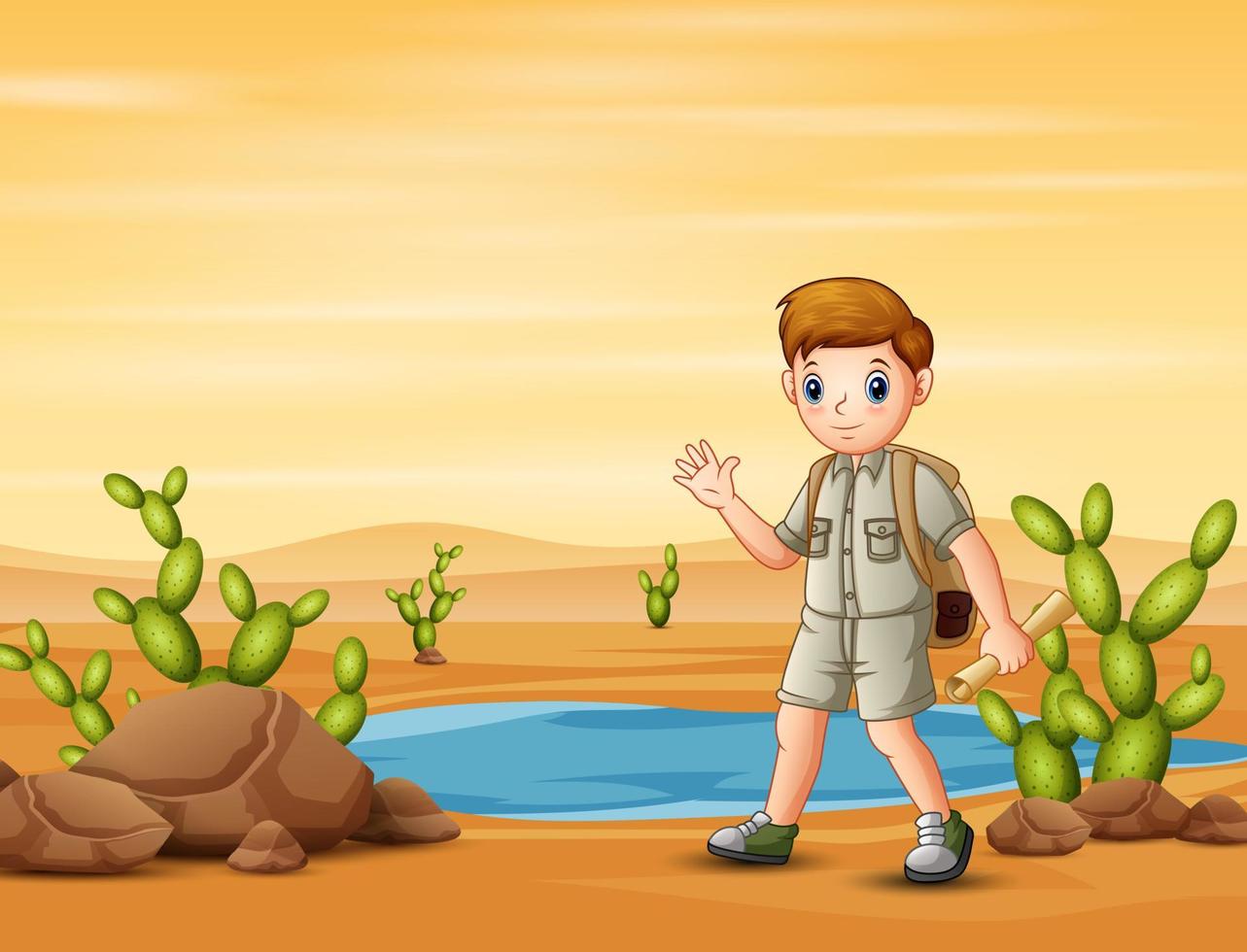el niño explorador caminando en el campo del desierto con mapas vector