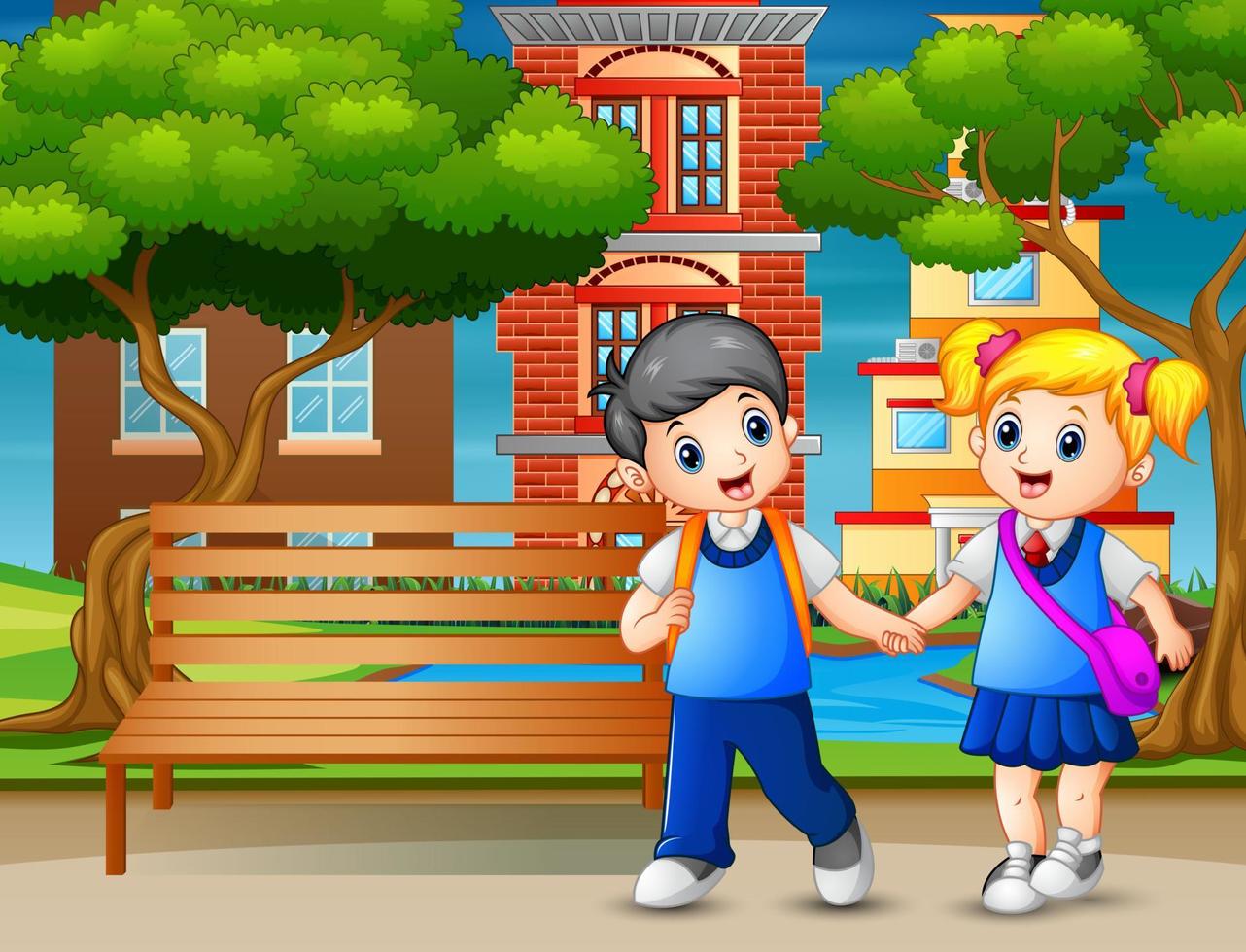 Happy school children walking pass through in park vector