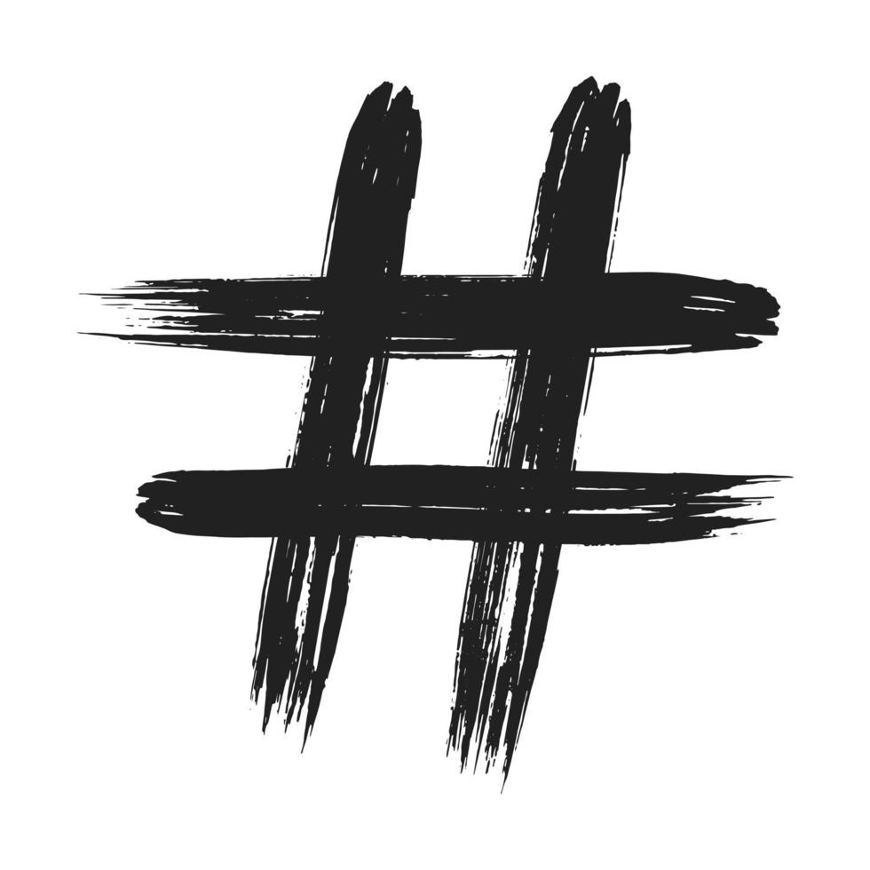 Hand drawn brush stroke dirty art hashtag symbol icon sign isolated on white background. Black and white composition of the symbol hashtag vector