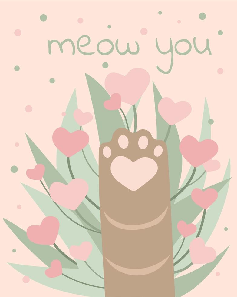 gato pata en flores corazones lindo diseño tarjeta o póster ivitación colores pastel pomantic miau tú vector