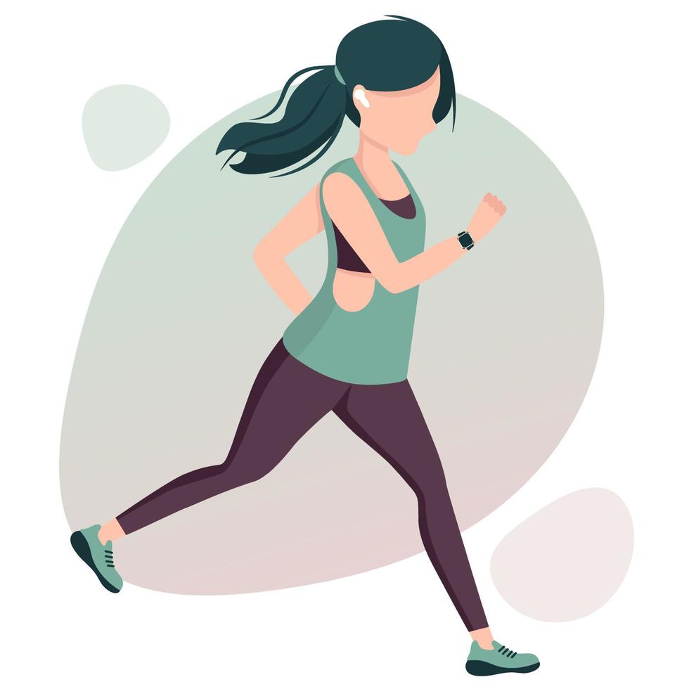 Young beautiful girl running in sportwear with earpods and fitness trecker. Sporty lifestyle. Healthy training. Vector flat trendy illustration.