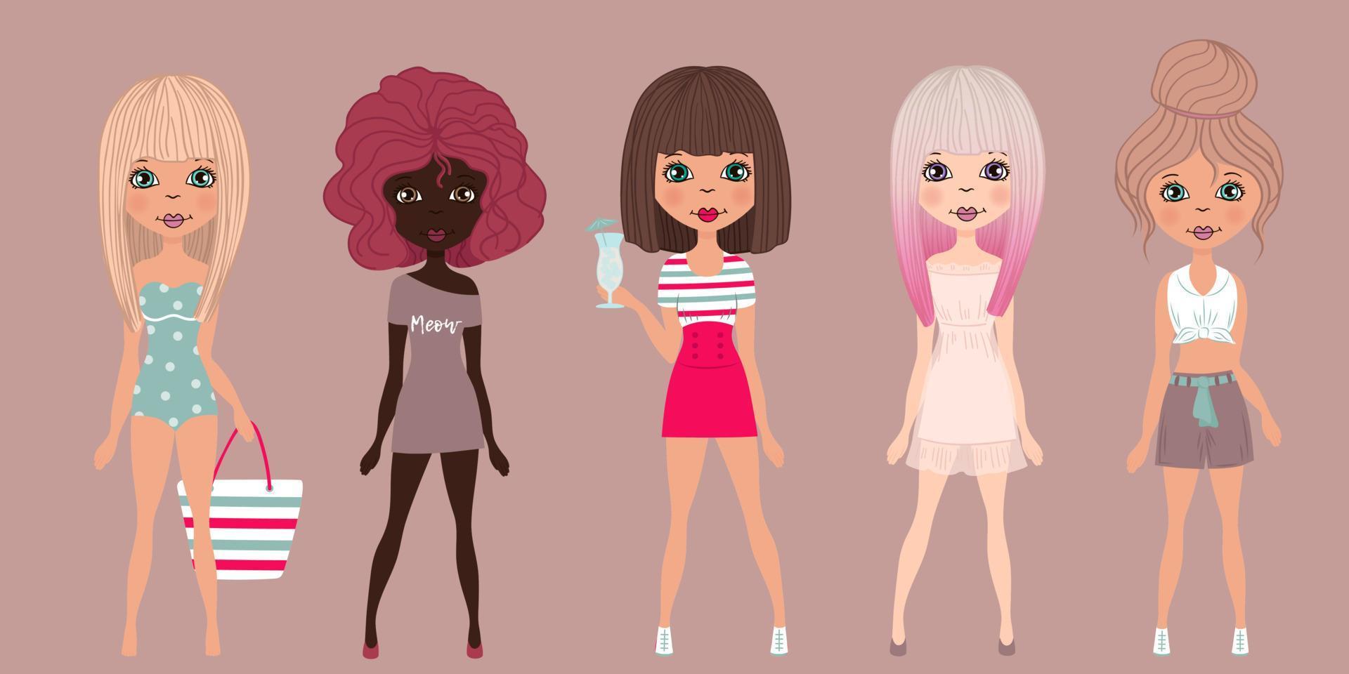 Five vector beautiful cute cartoon summer fasshion girls. Summer look outfit. Differens skin tone,hair and wearing