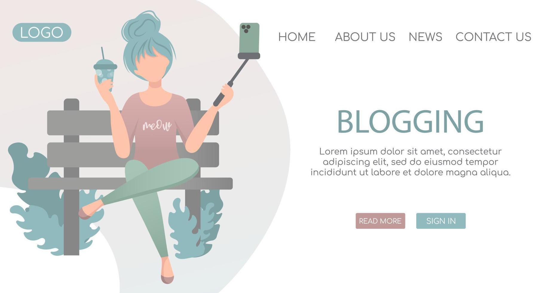 Vector landing page web template for blogging and vlogging. Young trendy  girl sitting on branch in park  and making photo or video content for her blog or vlog channel.