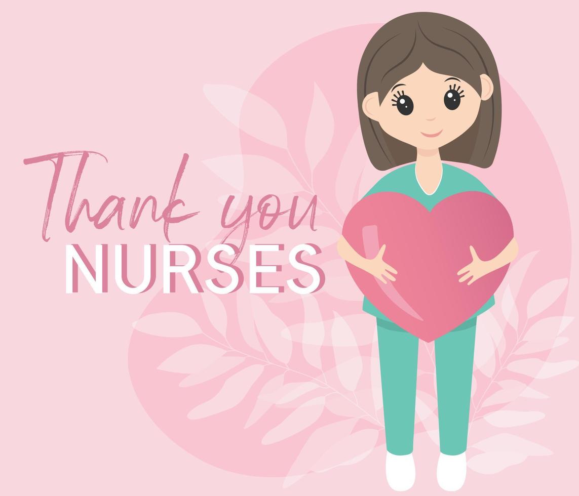 International nurse day 12 may. Happy female nurse in uniform. Pink and mint colors. Card format with lettering. Hold big pink heart in hands. Thank you nurses. vector