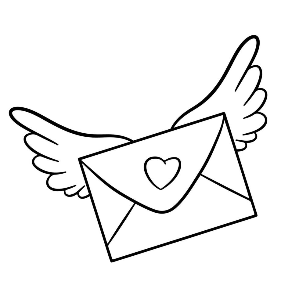 Flying closed envelope. Letter with heart and angel wings. Vector illustration with outline. For greeting cards, posters, prints on clothes, emblems, logos