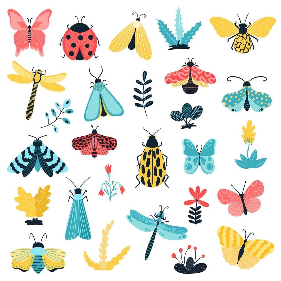 Hand-drawn butterflies, insects and flowers. Moth wings and spring colorful flying insect and beetle. Vector on a white background.