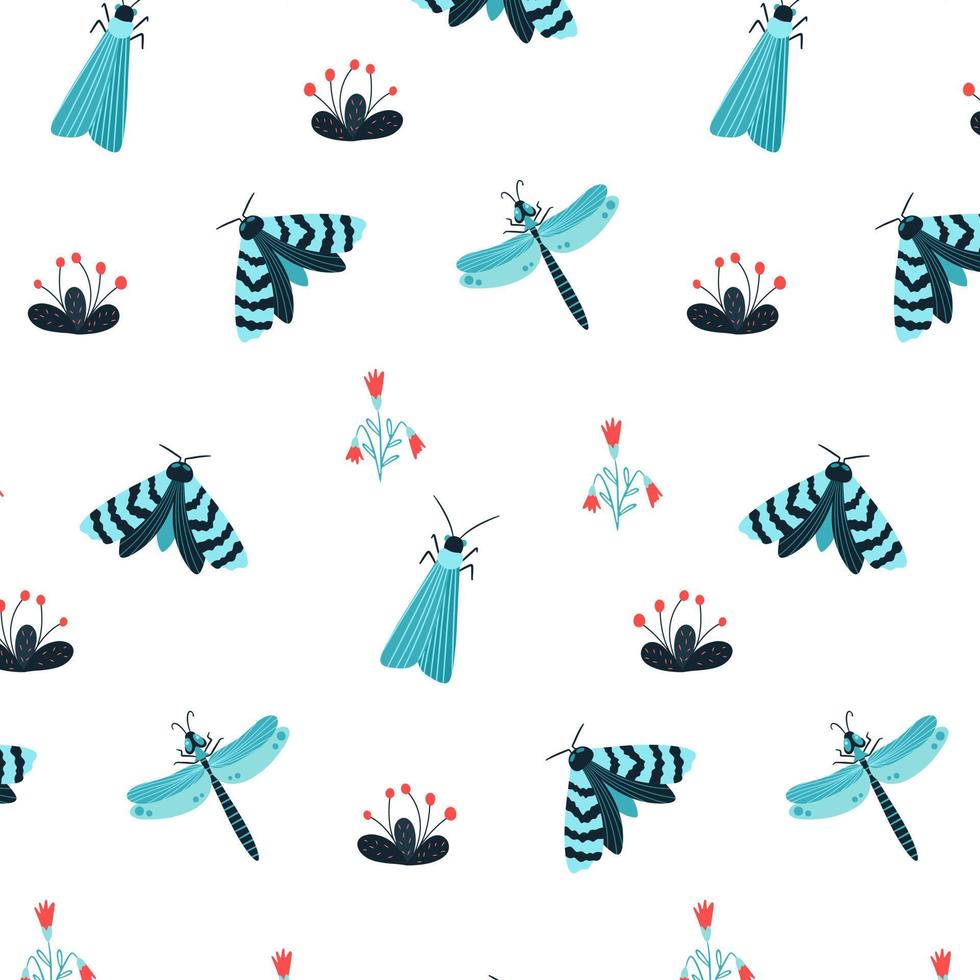 patrón impecable con mariposas, polillas, libélulas y elementos botánicos. patrón vectorial en estilo de dibujos animados. para ropa, tela, papel pintado y todas las impresiones sobre un fondo blanco vector