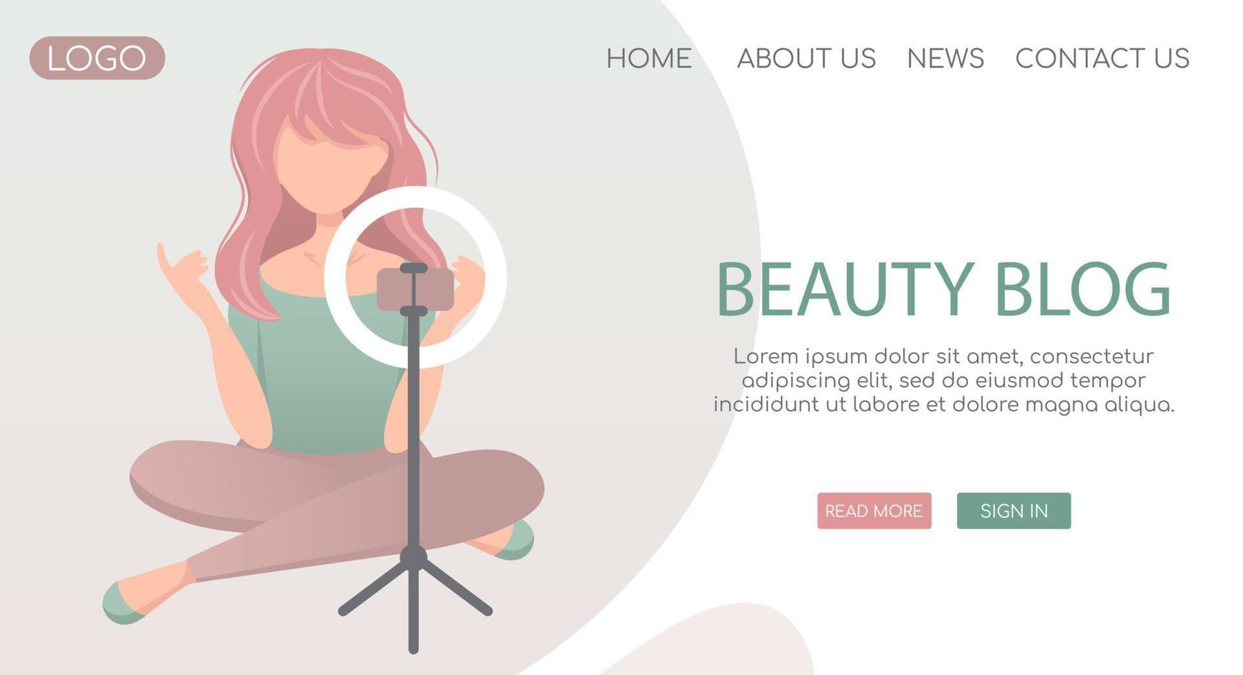 Vector landing page web template for blogging and vlogging. Young trendy girl making video beauty or review for vlog channel. Lamp and phone on tripod.