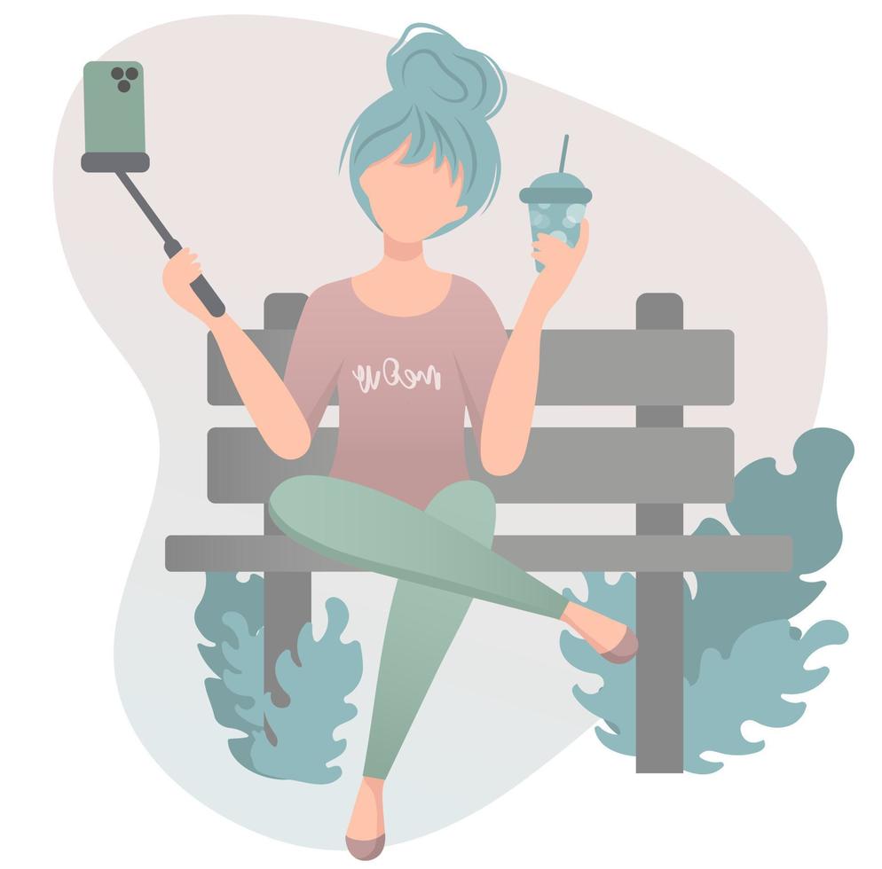 Young trendy  girl sitting on branch in park  and making photo or video content for her blog or vlog channel. Vector flat illustration.