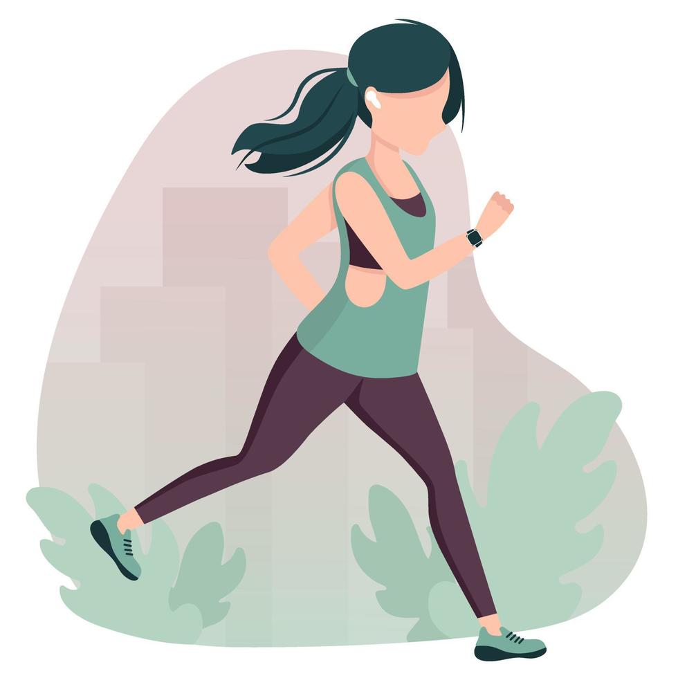 hermosa joven corriendo al aire libre en ropa deportiva con auriculares y trecker de fitness. estilo de vida deportivo. entrenamiento de verano en el paisaje de la ciudad. ilustración de moda plana vectorial. vector