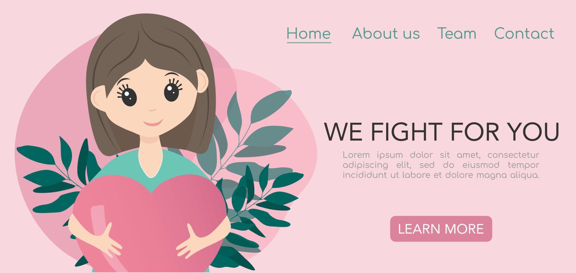 Doctors save our lives fight for us template. Web page with  happy female nurse or doctor in uniform. Pink and mint colors. Vector illustration for website, poster, banner.