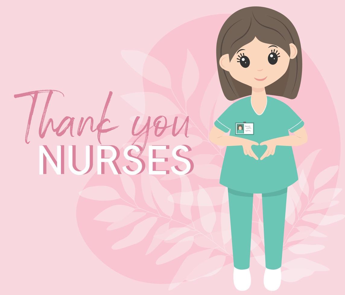 Día internacional de la enfermera 12 de mayo. enfermera feliz en uniforme. colores rosa y menta. formato de tarjeta con letras. hacer el signo del corazón con las manos. gracias enfermeras. vector