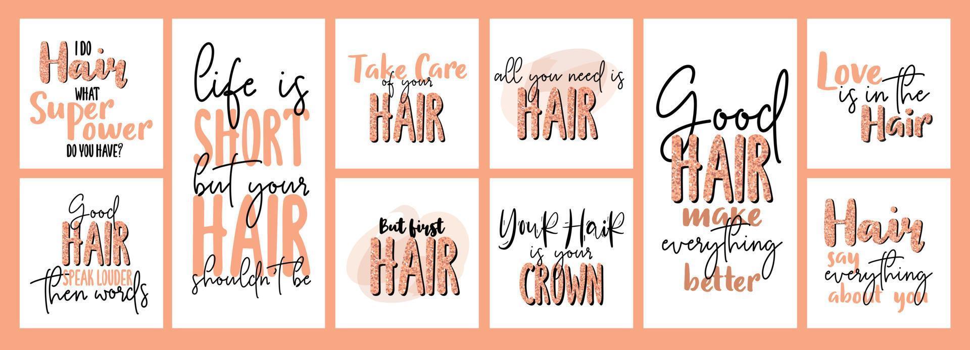 Citas de letras de inspiración sobre el cabello y el peinado. color durazno con brillo. para peluqueros, salones de belleza, estilistas, producción de impresión, redes sociales. vector