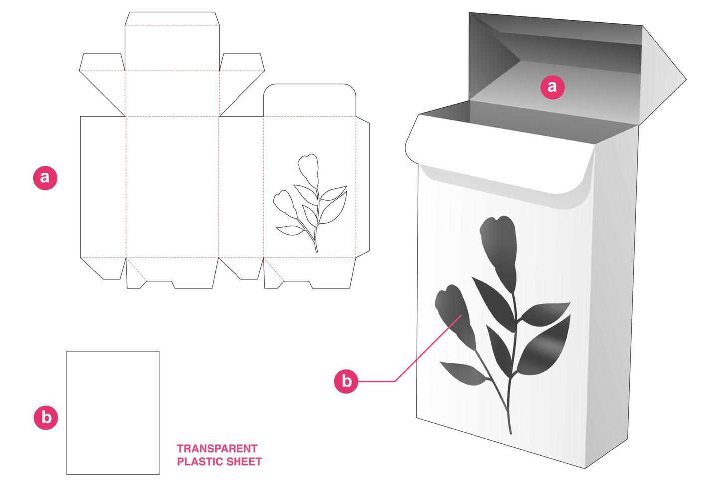 caja de embalaje de punto de bloqueo automático con ventana de flores y plantilla troquelada de lámina de plástico transparente vector