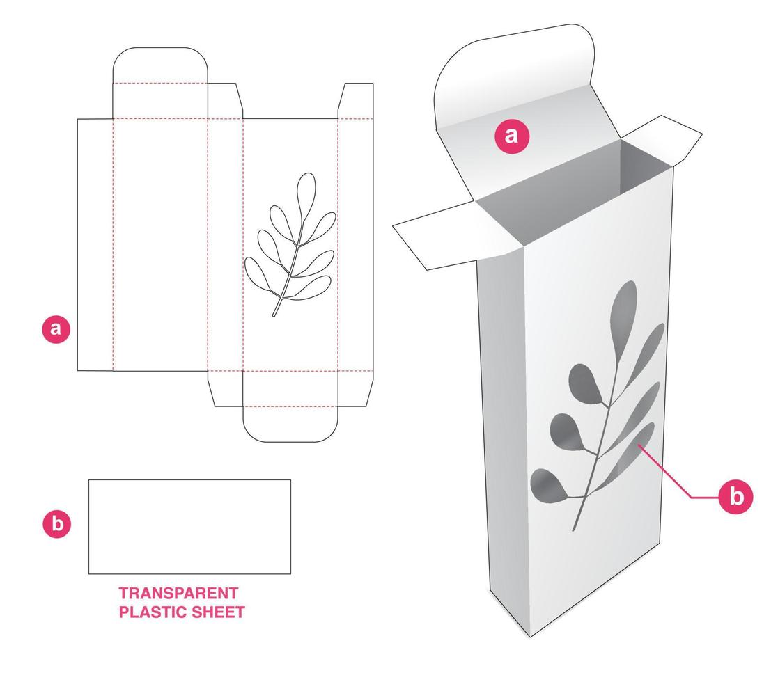 lata y caja alta con ventana de hojas y plantilla troquelada de lámina de plástico transparente vector