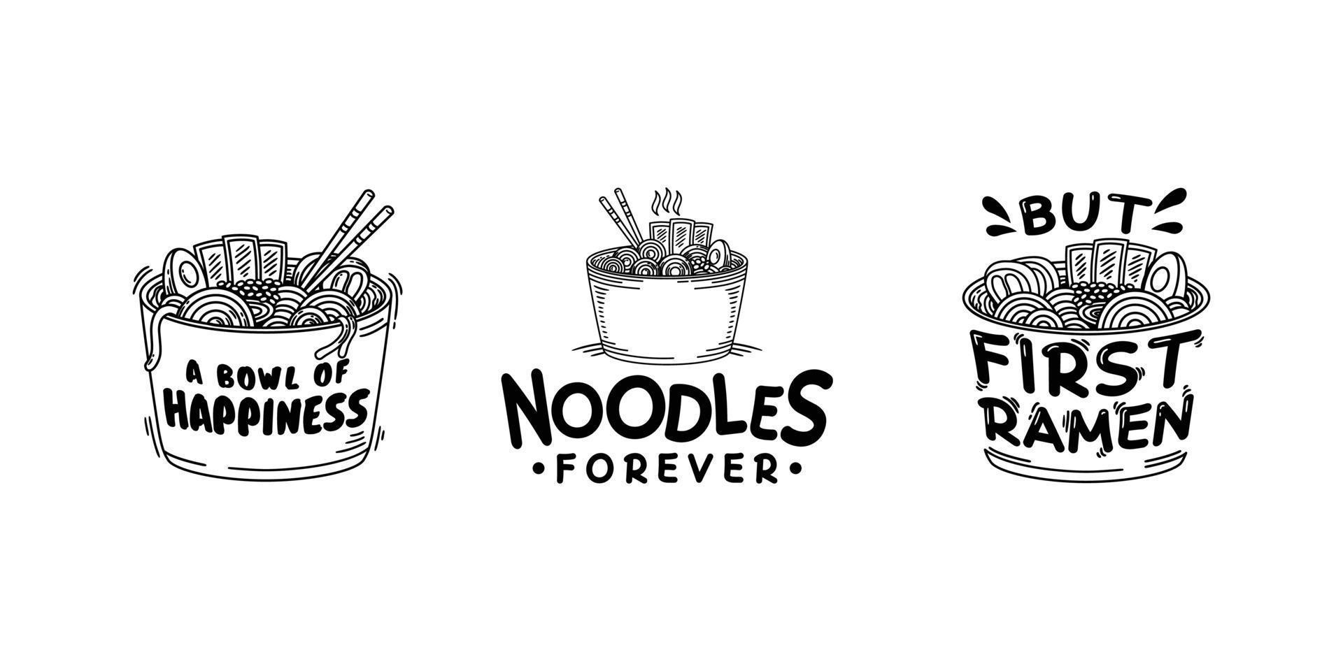 establecer una colección de citas de fideos ramen udon gráfico, logotipo, etiqueta, placa y emblema vector