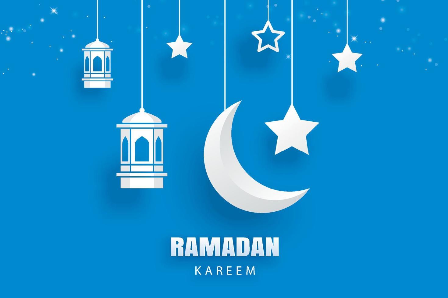 Ramadan Kareem greeting card moon and stars traditional lanterns background. Eid Mubarak paper art banner illustration design. Use for Islamic flyer, poster, brochure, sale. vector