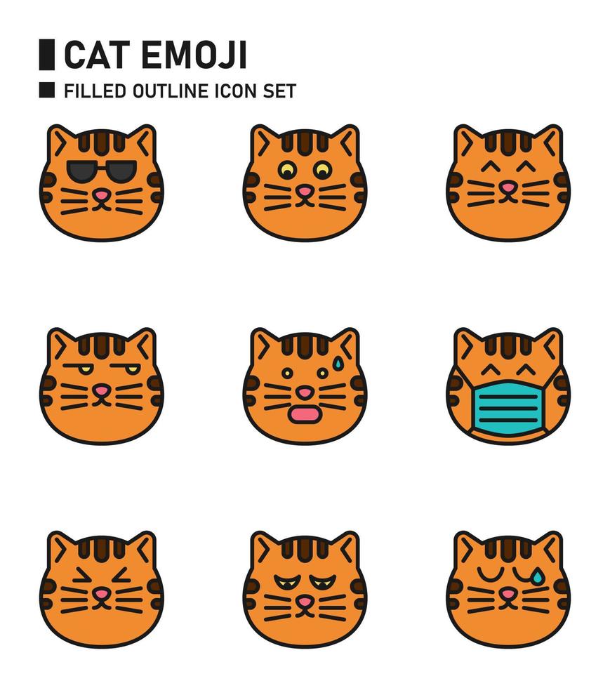 Cat emoji filled outline icon set. vector