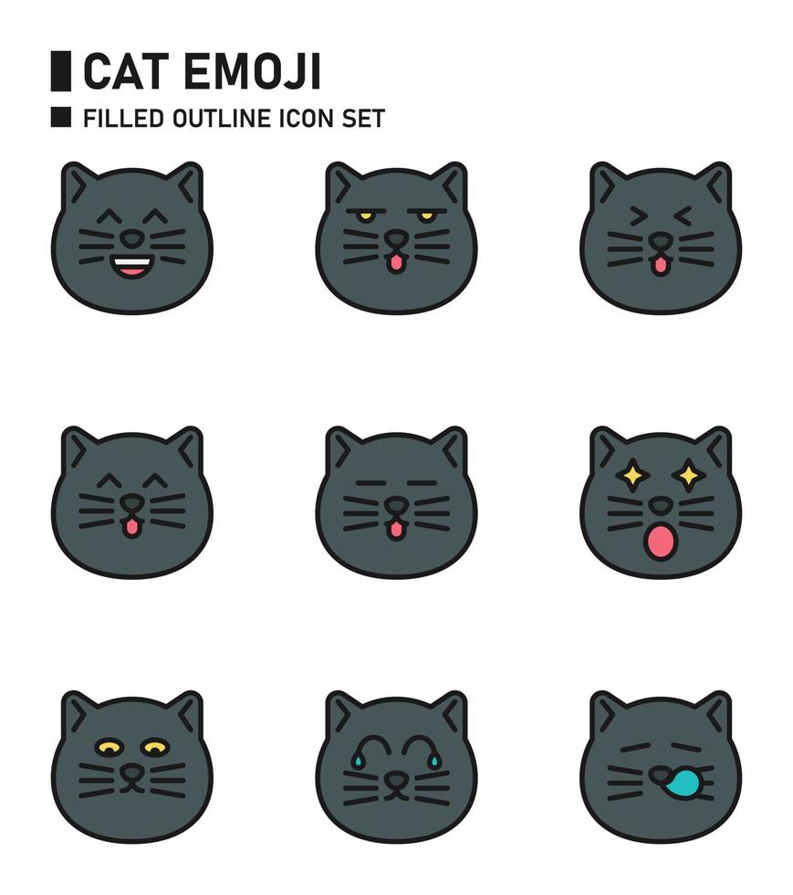 Cat emoji filled outline icon set. vector