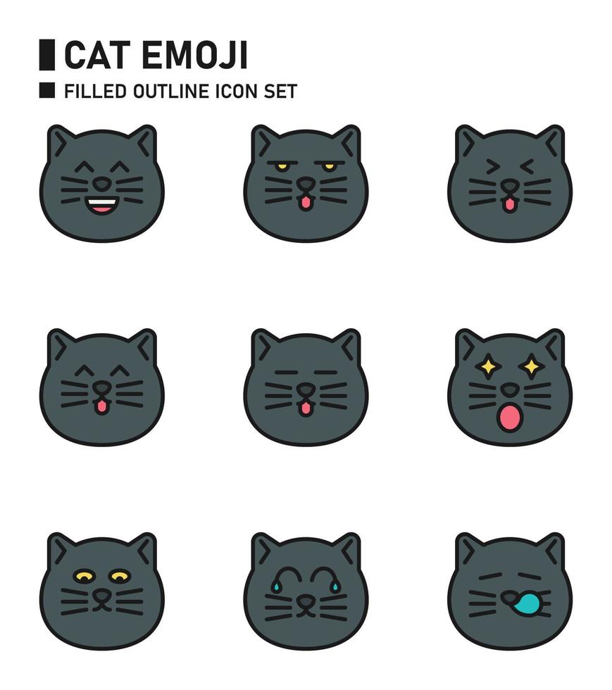 conjunto de iconos de contorno lleno de emoji de gato. vector