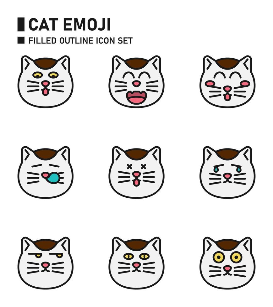Cat emoji filled outline icon set. vector