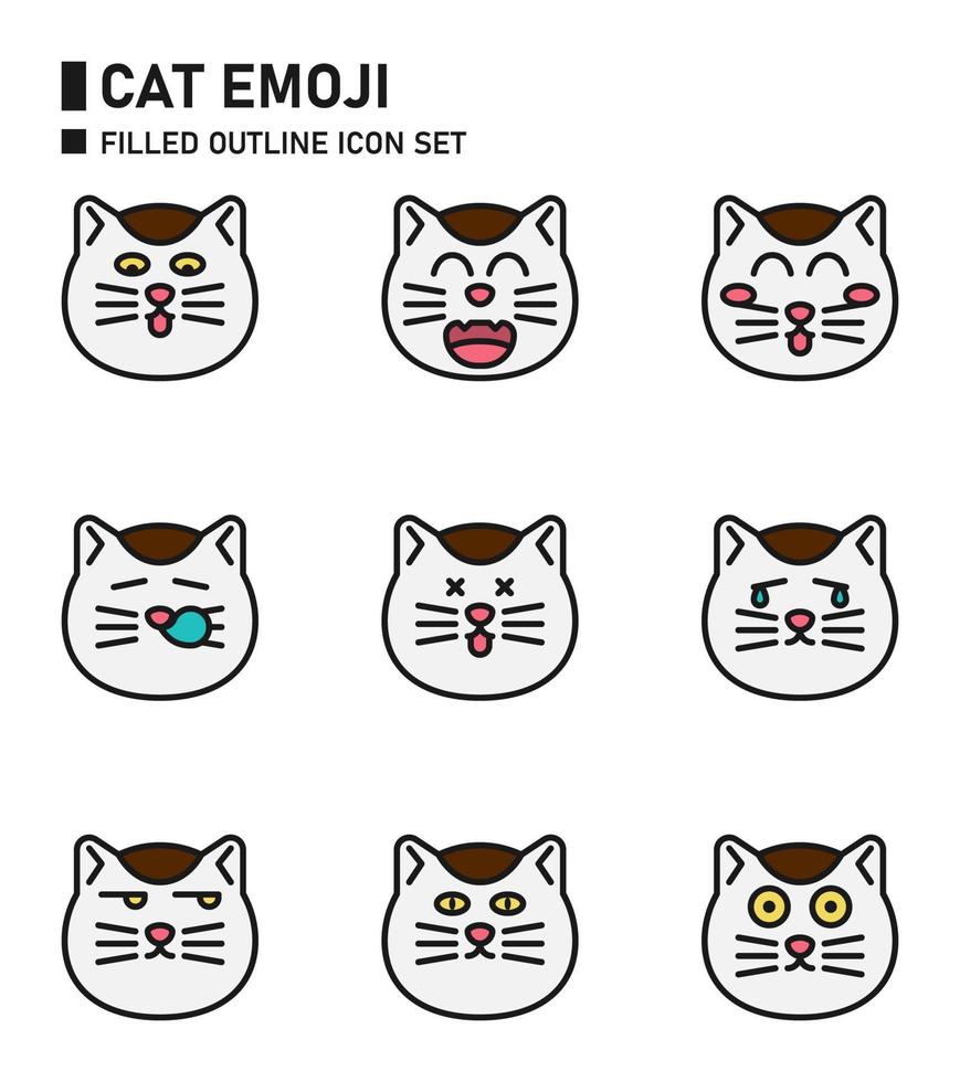 conjunto de iconos de contorno lleno de emoji de gato. vector