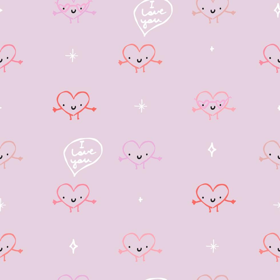 Cute pastel pink pattern with doodle white line funny hearts with faces. Textiles for children, fabric, book, bedroom, baby. Digital paper scrapbook, seamless background. vector