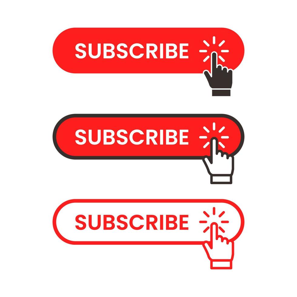 red and white subscribe button with pointer and hand cursor vector