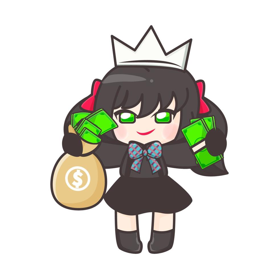 gothic girl holding money bag with crown vector