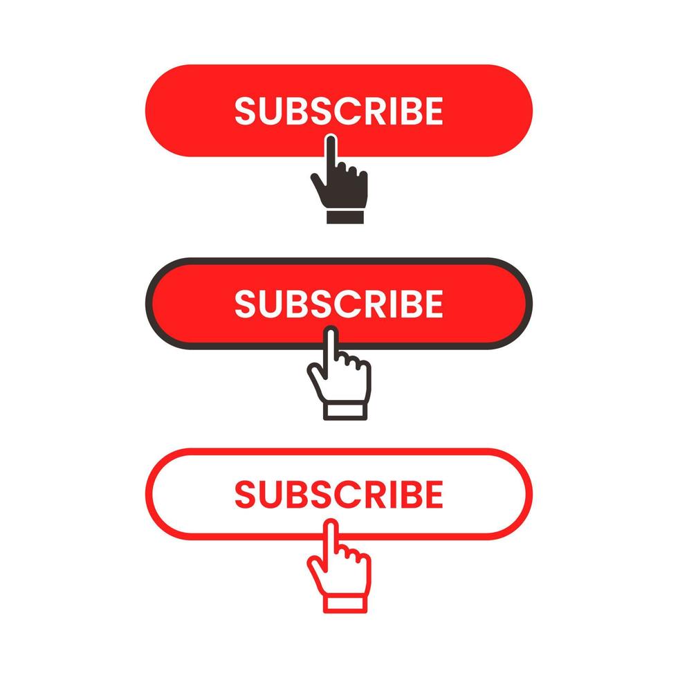 red and white subscribe button with pointer and hand cursor vector