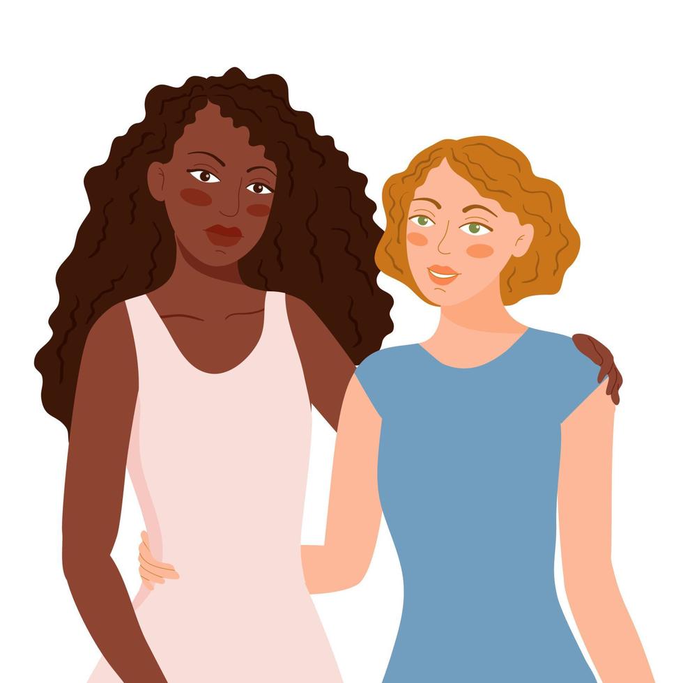 Two friends embracing lovingly. Portrait of two multiracial women girlfriends cuddling. Multicultural girls hugging flat cartoon vector illustration. Female movement, activists feminism.