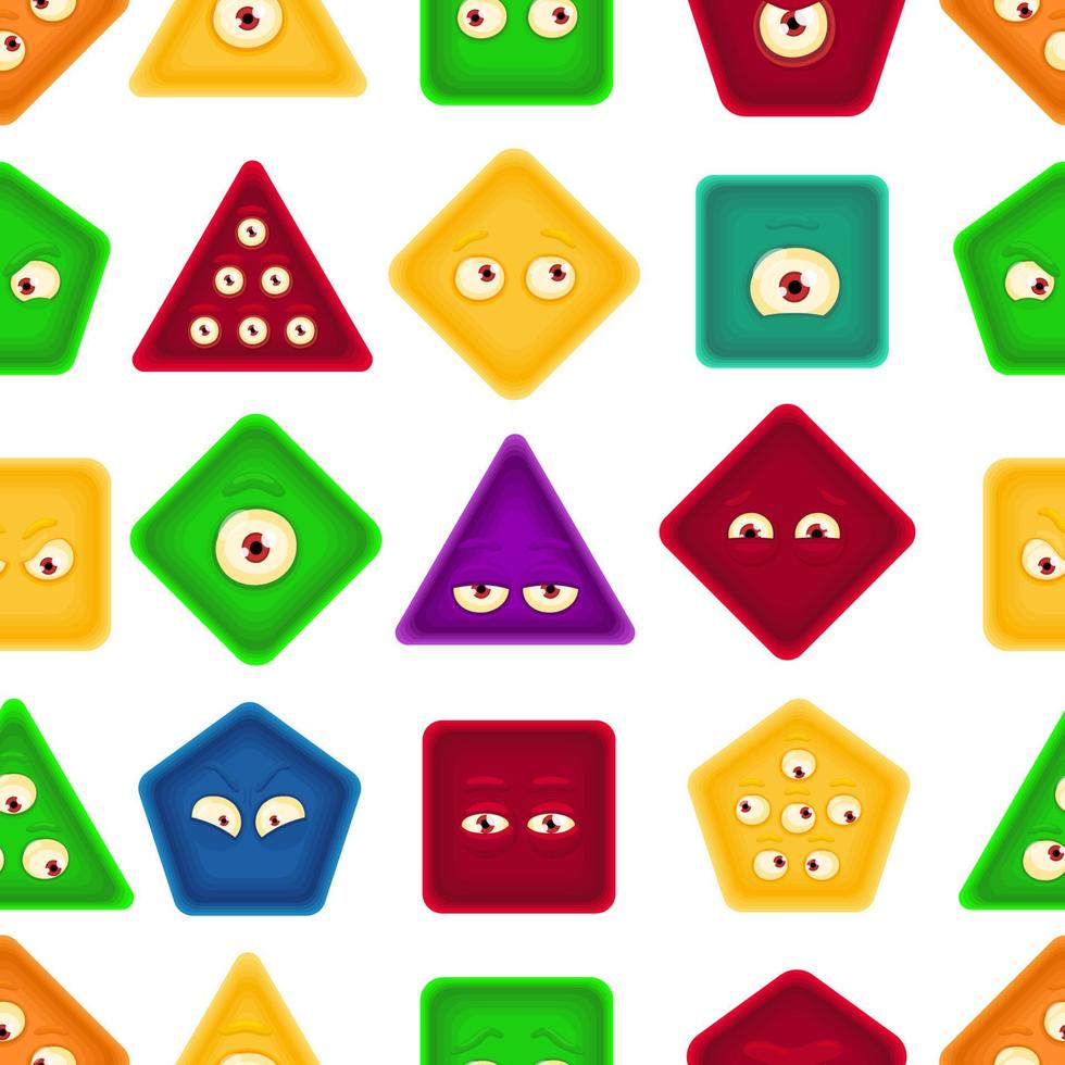 formas geométricas brillantes de patrones sin fisuras con emociones faciales. cuadrados, triángulos, rombos, formas hexagonales con ojos. textura vectorial dibujada a mano para niños. lindos personajes divertidos para textiles, estampados, envolturas vector