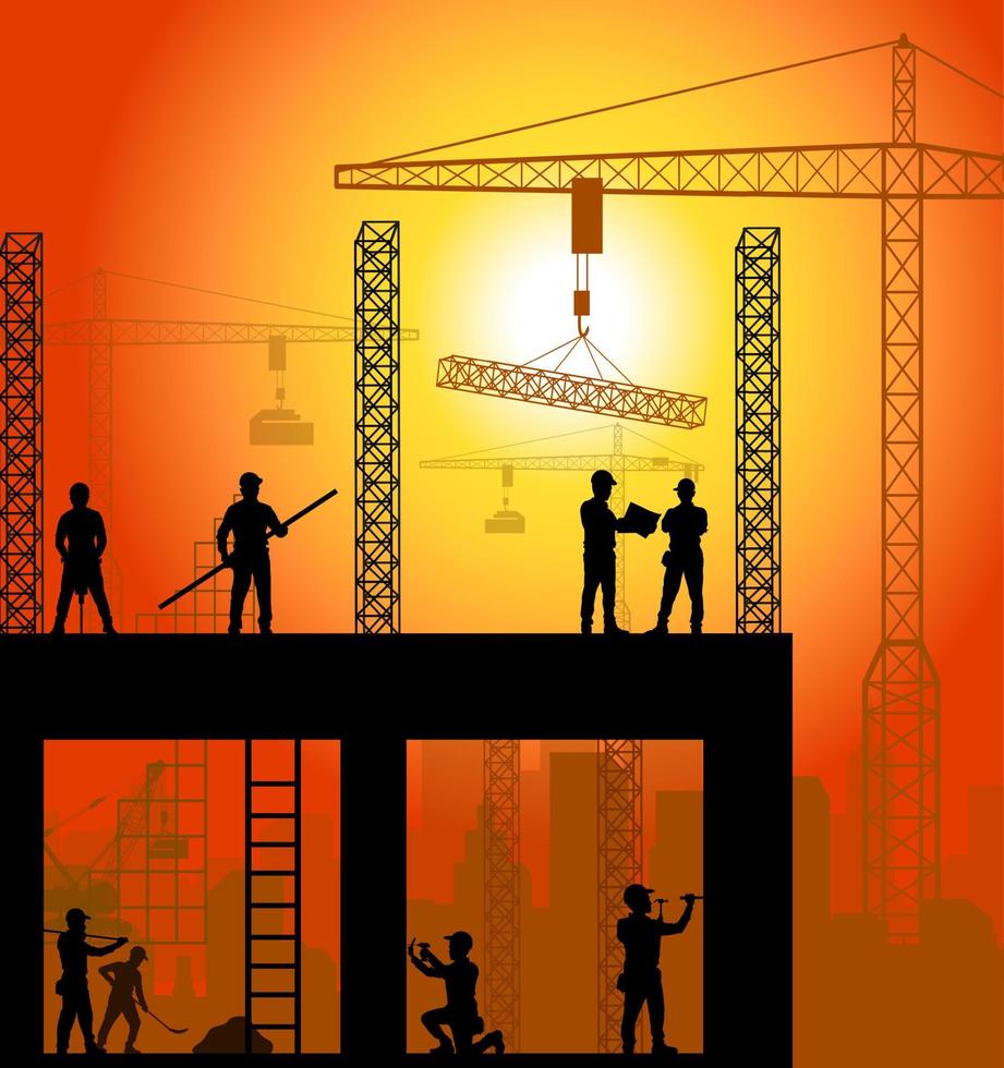 Construction worker silhouette at work background. vector