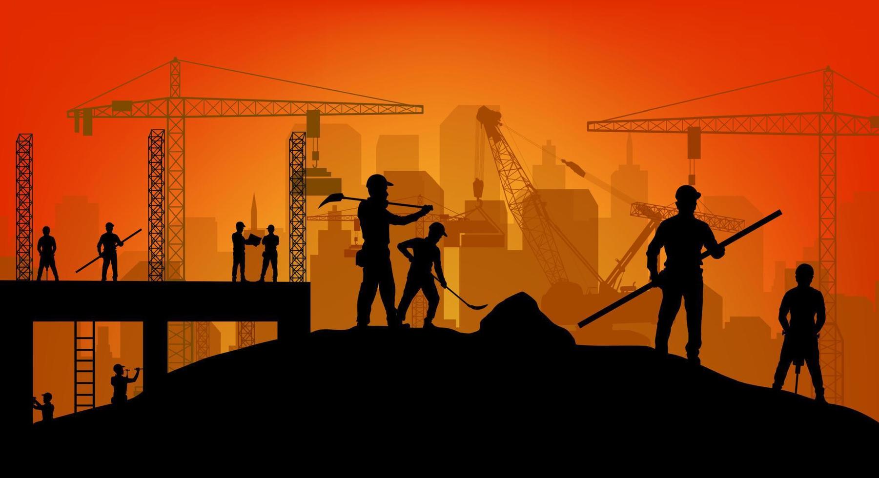 Construction worker silhouette at work background. vector