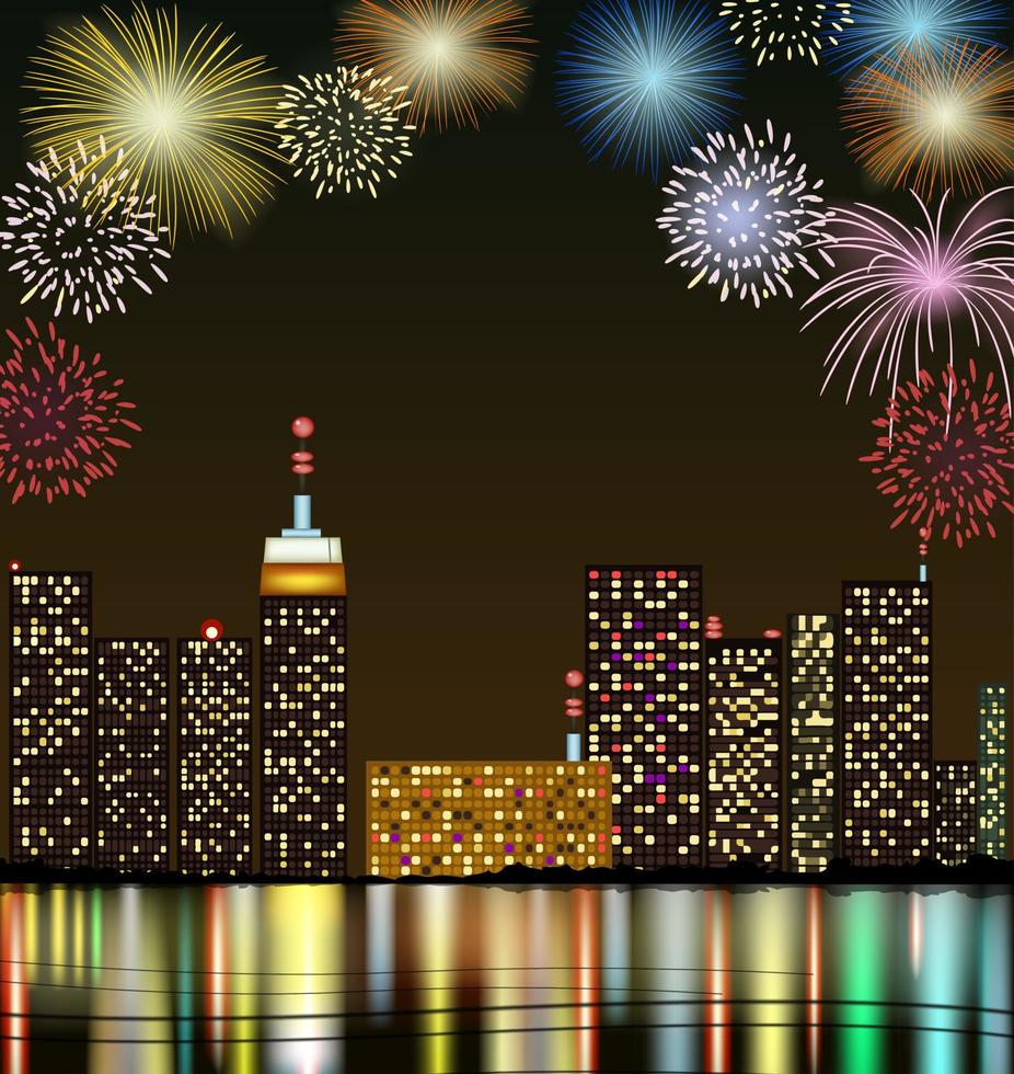 City at night with fireworks vector