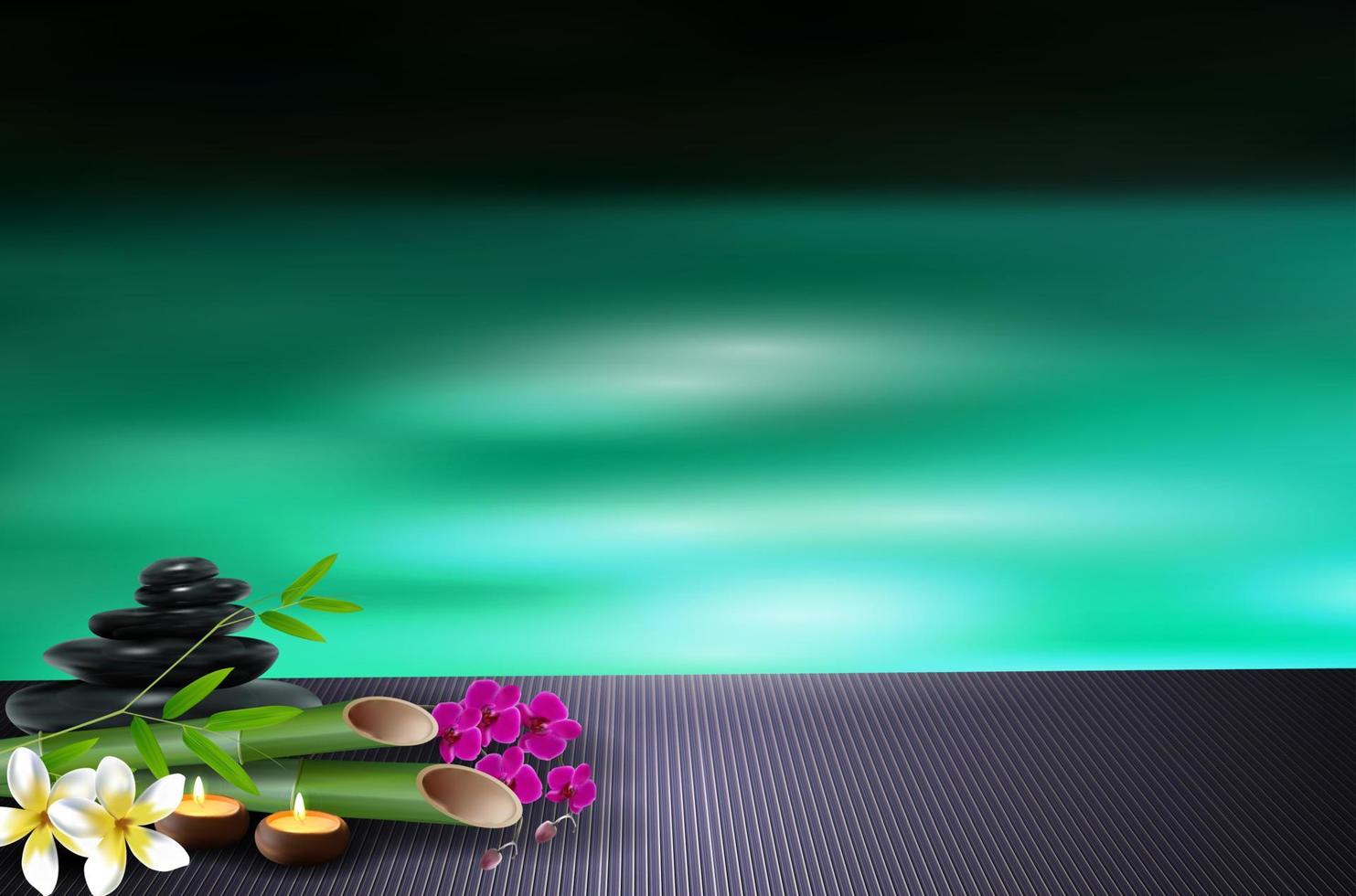 Stone, wax, flowers, and bamboo blue sea background. vector