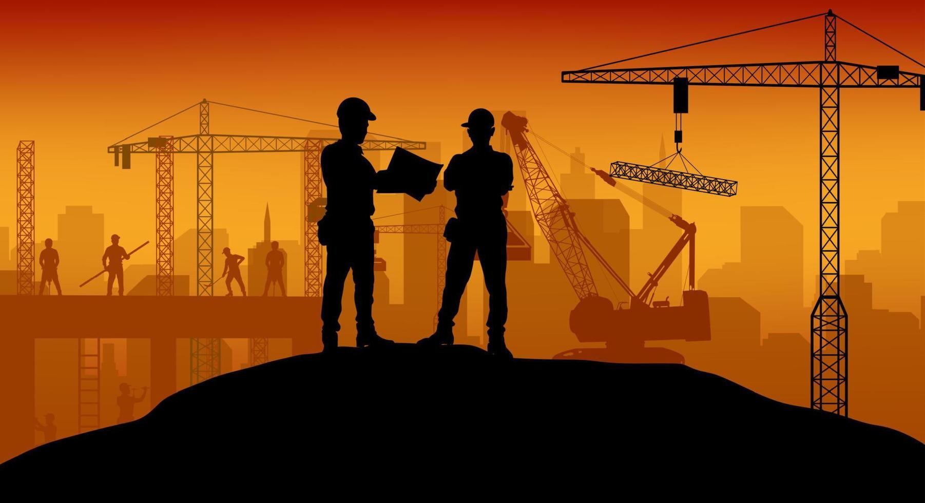 Construction worker at work with worker standing. Vector