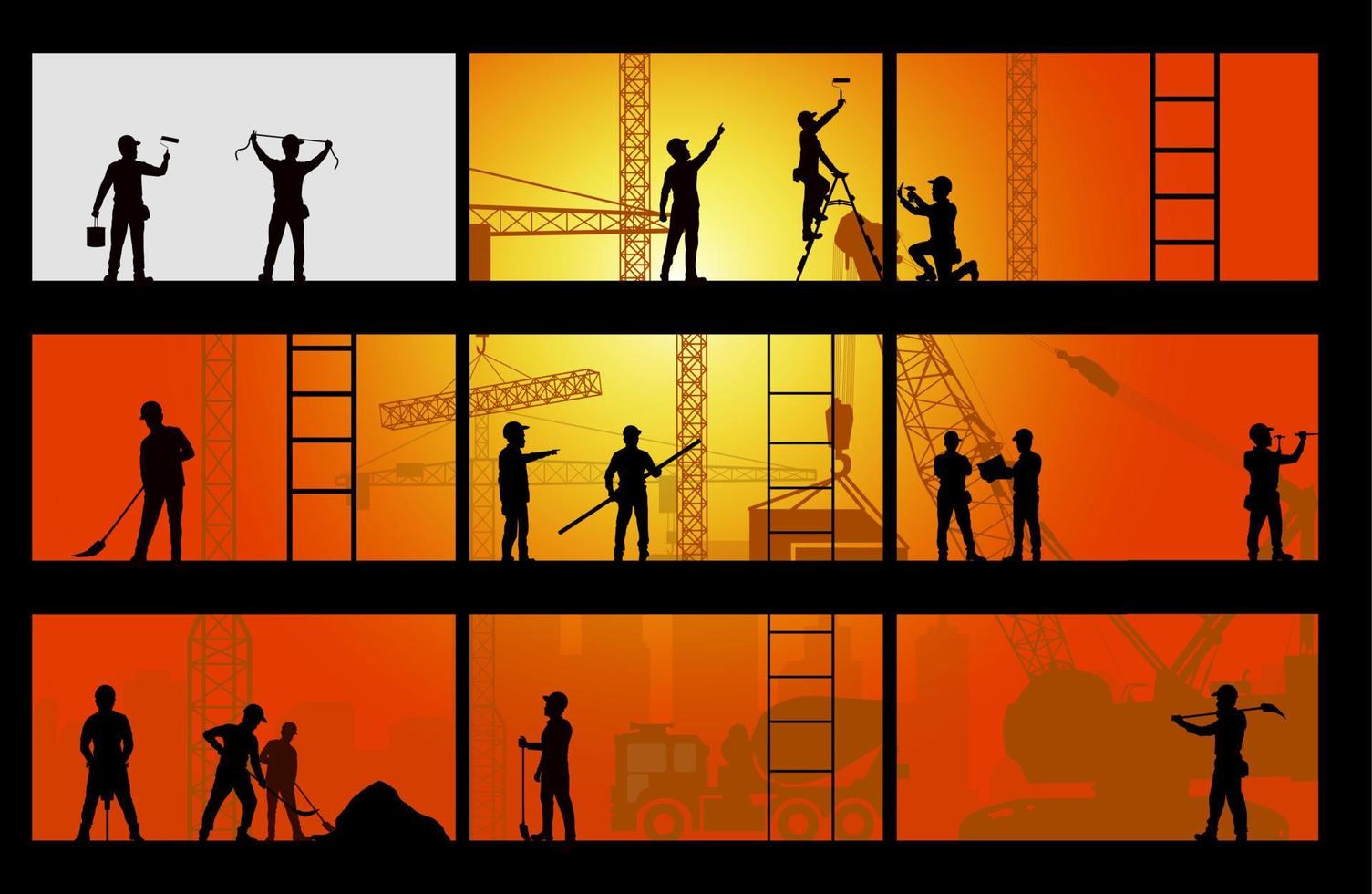 Construction worker silhouette at work background. vector