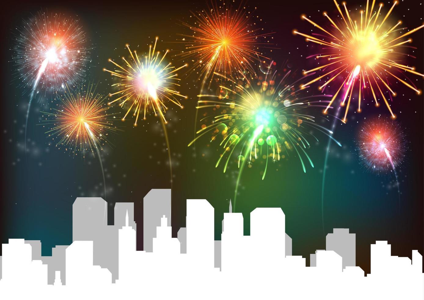 Silhouette urban at night with colorful firework background vector